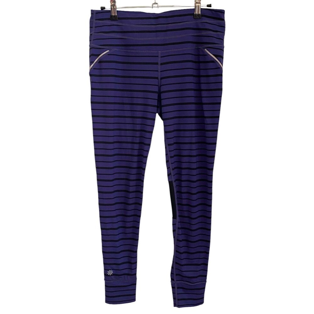 Athleta Medium Leggings Striped Purple Black Workout Mesh Panels